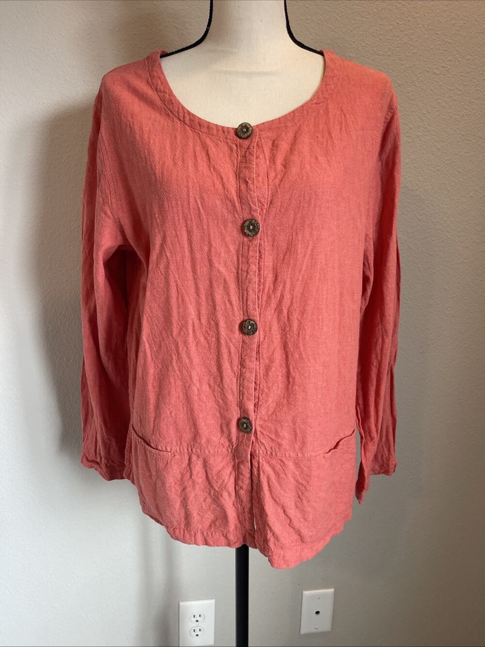 Vintage White Stag Large Coral Linen Rayon Blend Button-up Top Cottage-Core